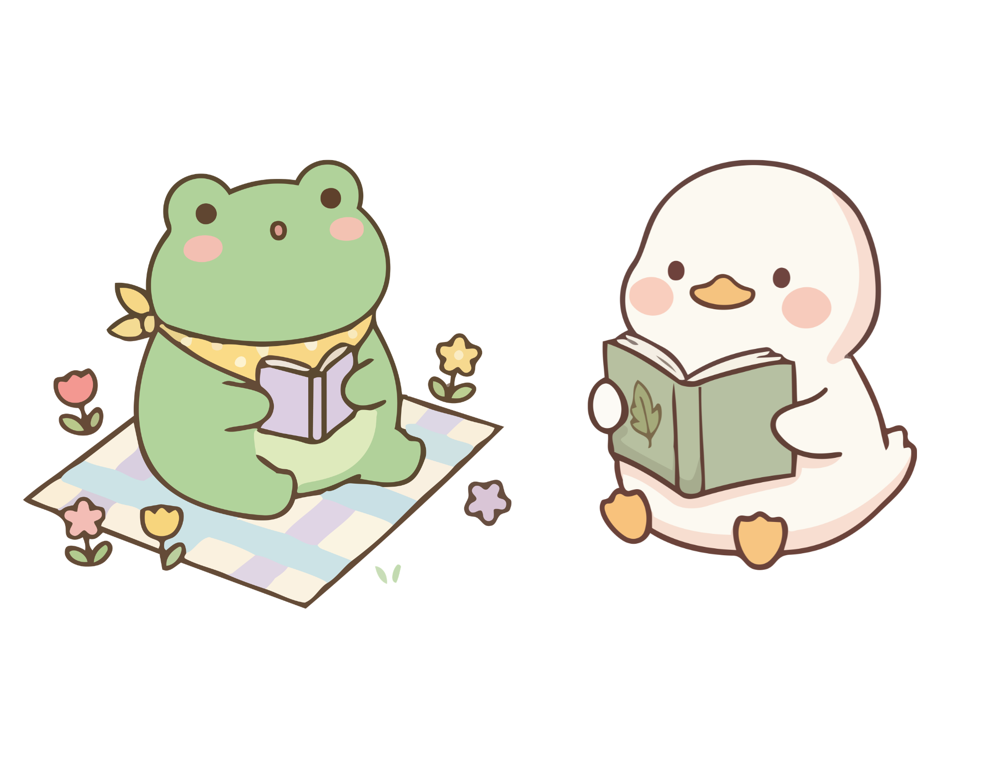 Cartoon frog and a duck reading