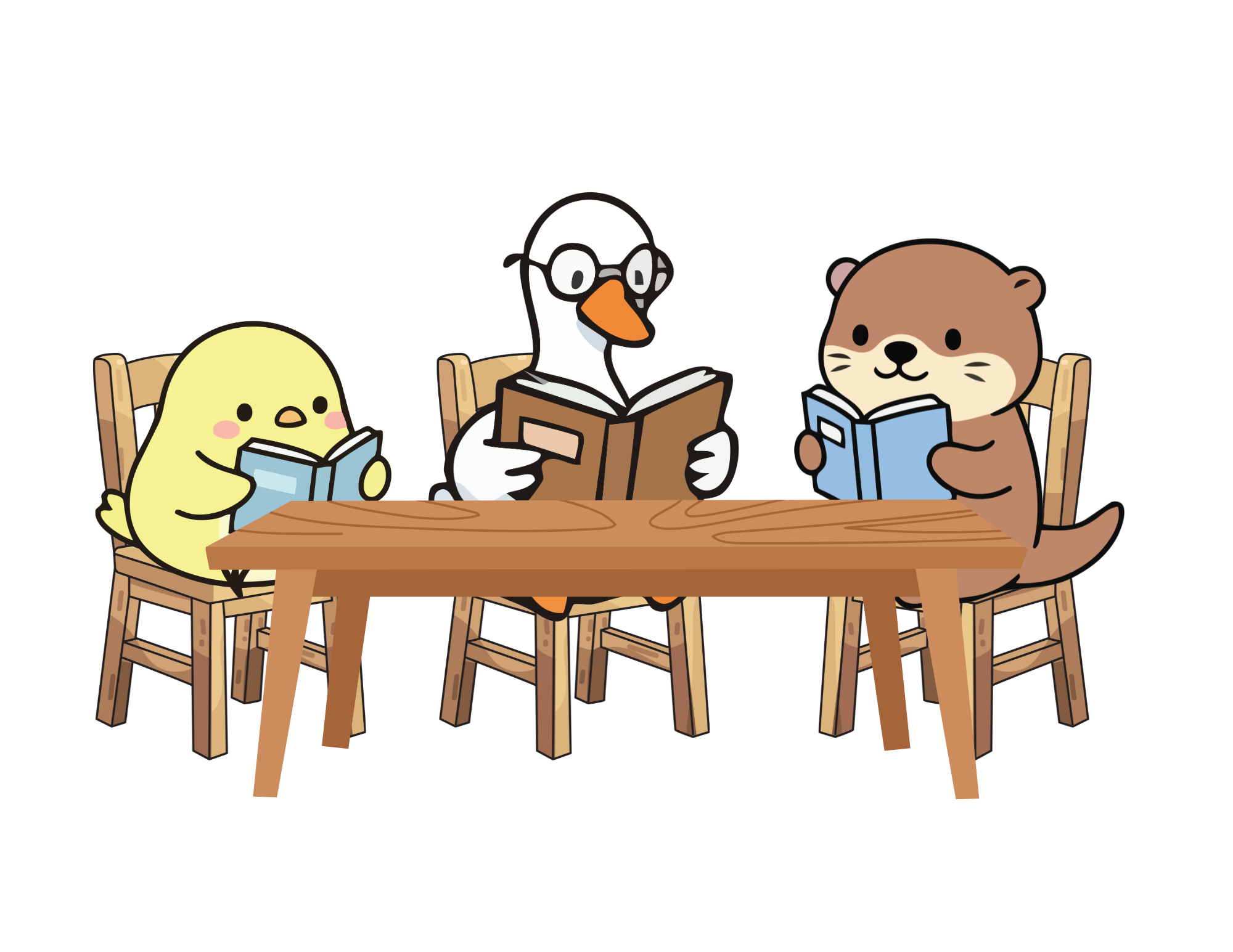 Three cartoon animals reading together
