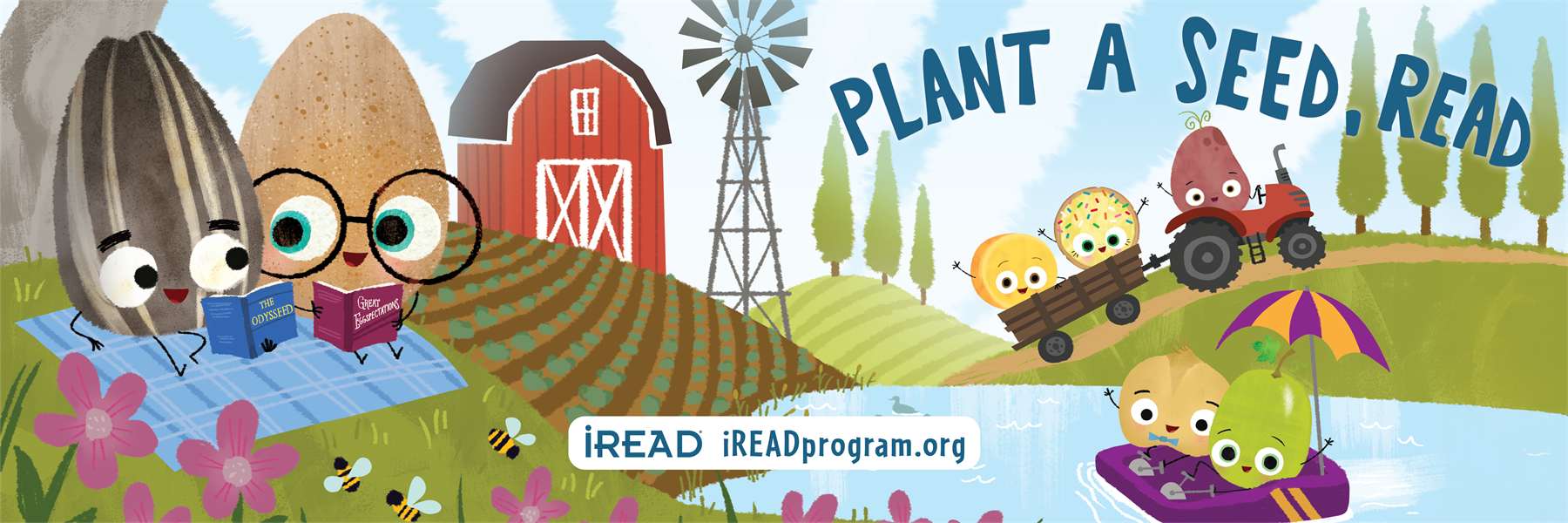 cartoon egg and sunflower seed reading books on a blue picnic blanket
