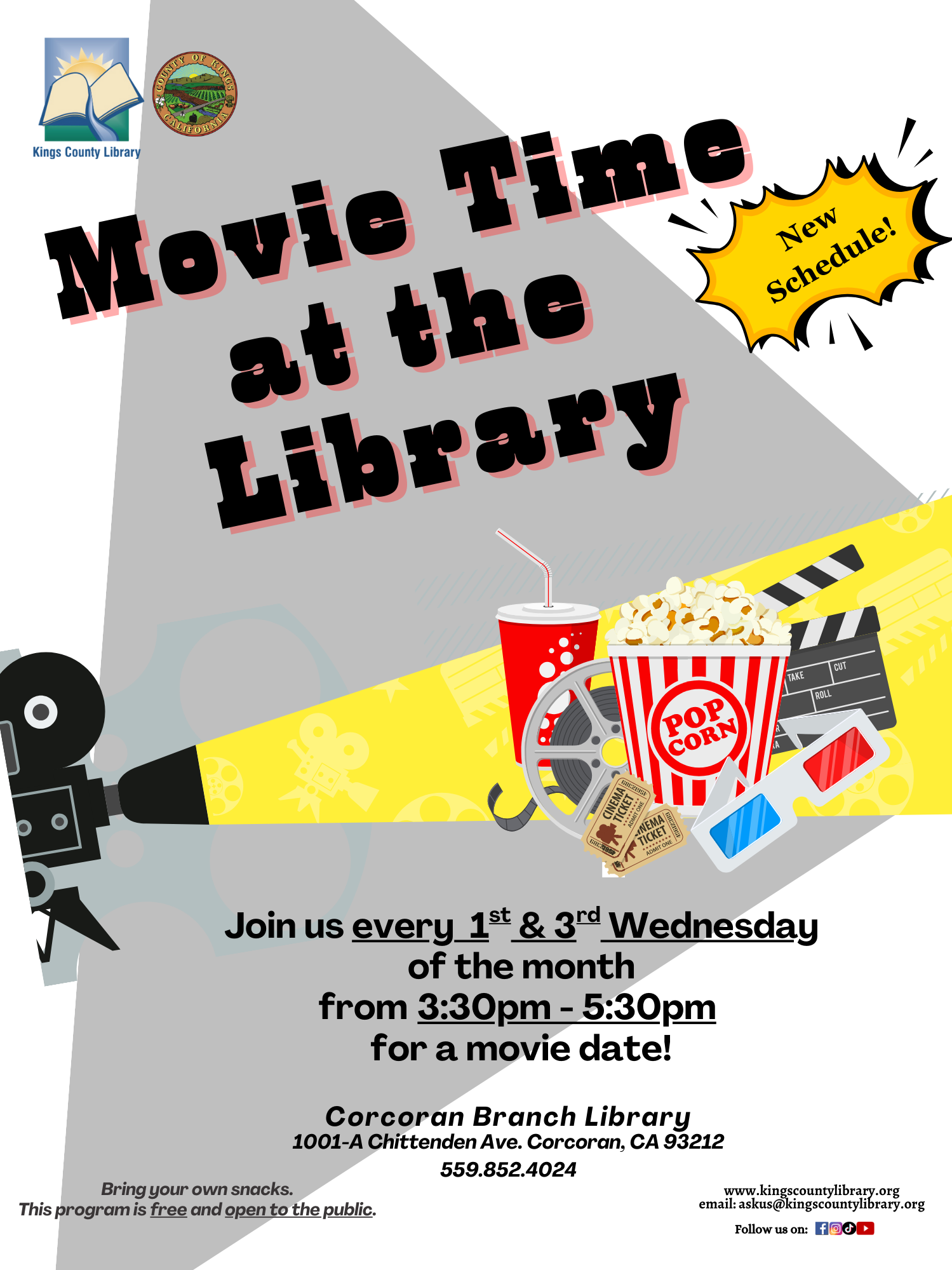 The Corcoran Branch Library is hosting Movie Time on the 1st and 3rd Wednesdays of every month from 3:30 to 5:30 pm!  Come on out to 1101-A Chittenden Ave. Corcoran, CA 93212 and enjoy the show!  Questions? Call 559-852-4024 or email askus@kingscountylibrary.org for more information. 