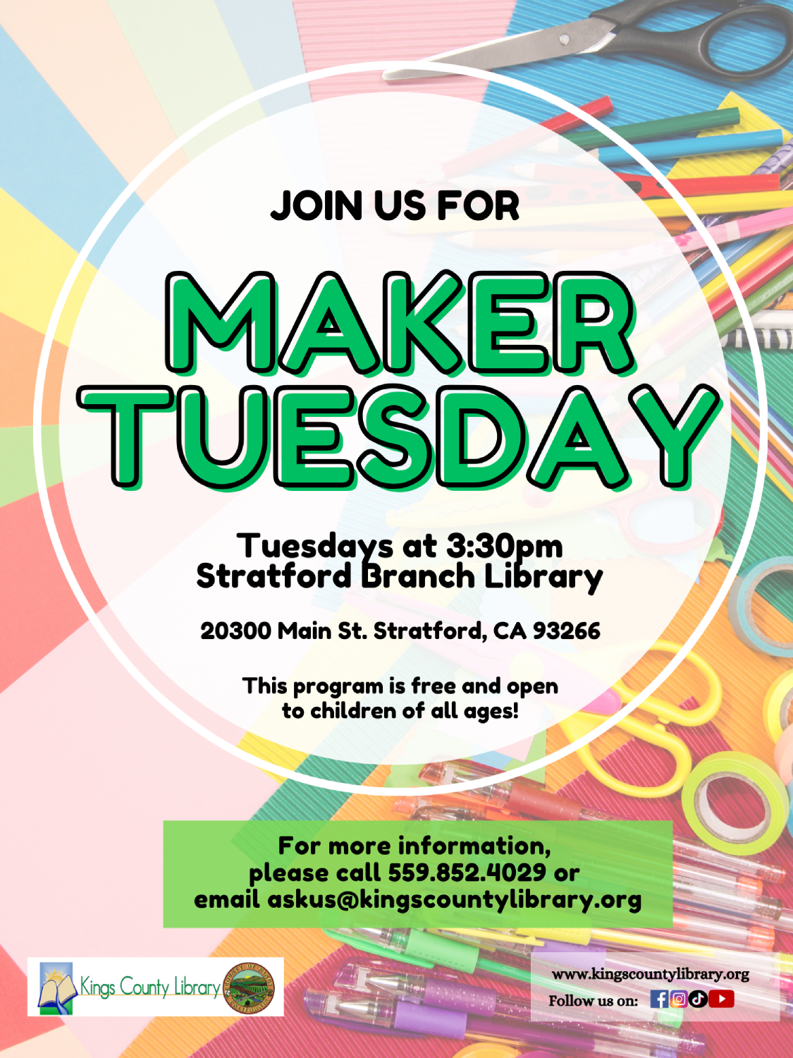 Join us for a Children's craft EVERY TUESDAY at 3:30 pm at the Stratford Branch Library!