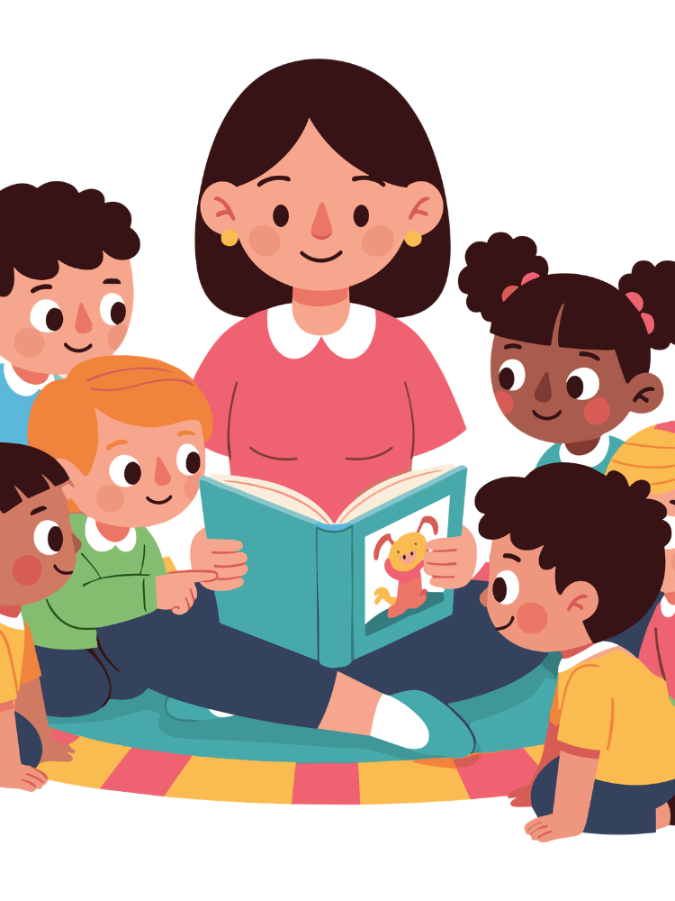 Cartoon children being read a story by an adult woman