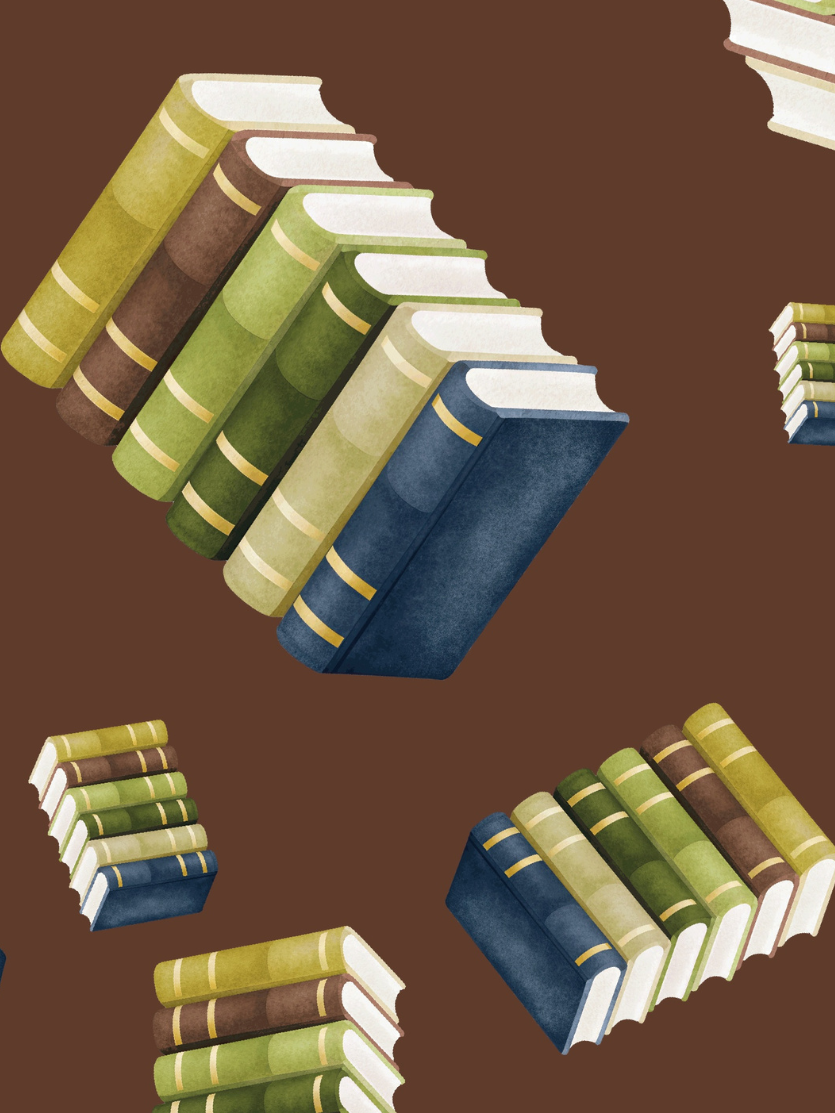Stacks of books on a brown background