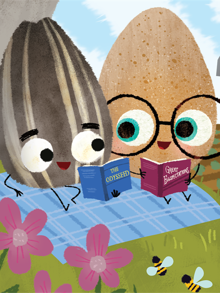 Egg and sunflower seed reading books on a blue picnic blanket