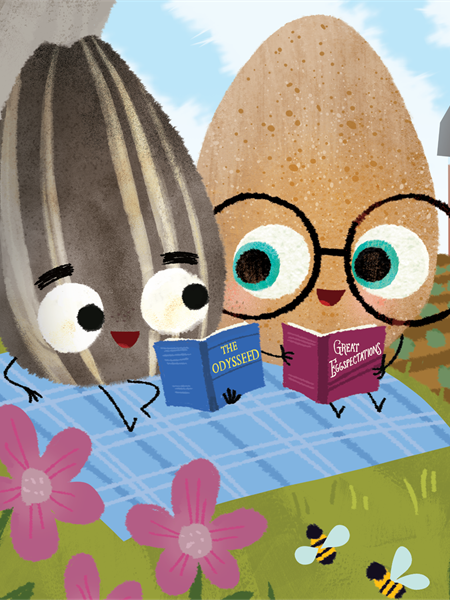 Egg and sunflower seed reading books on a blue picnic blanket