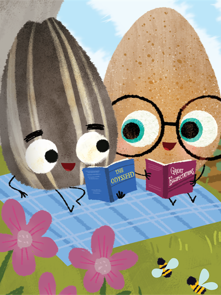 Egg and sunflower seed reading books on a blue picnic blanket