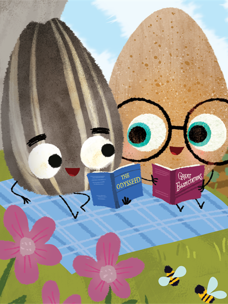 Egg and sunflower seed reading books on a blue picnic blanket