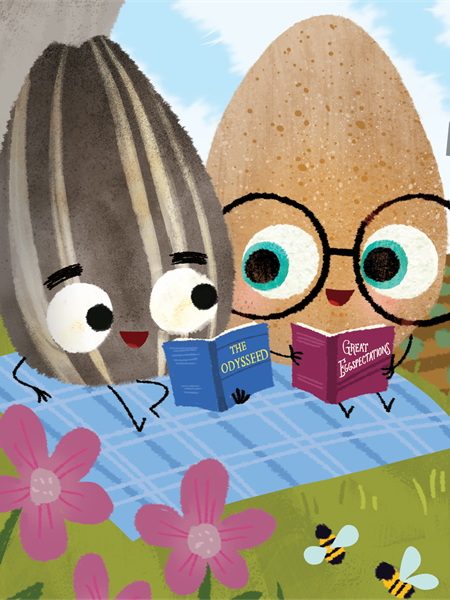 Egg and sunflower seed reading books on a blue picnic blanket