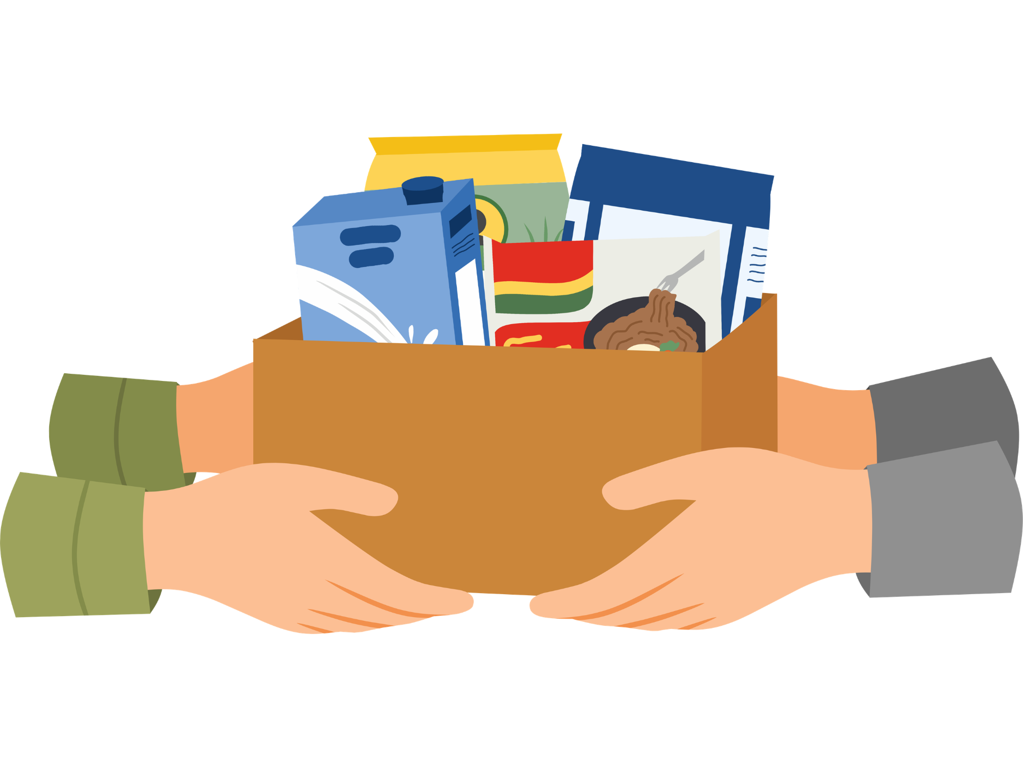 A cartoon box of food donations being held by two sets of hands