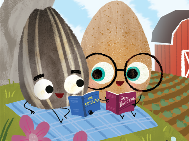 cartoon egg and sunflower seed reading books on a blue picnic blanket