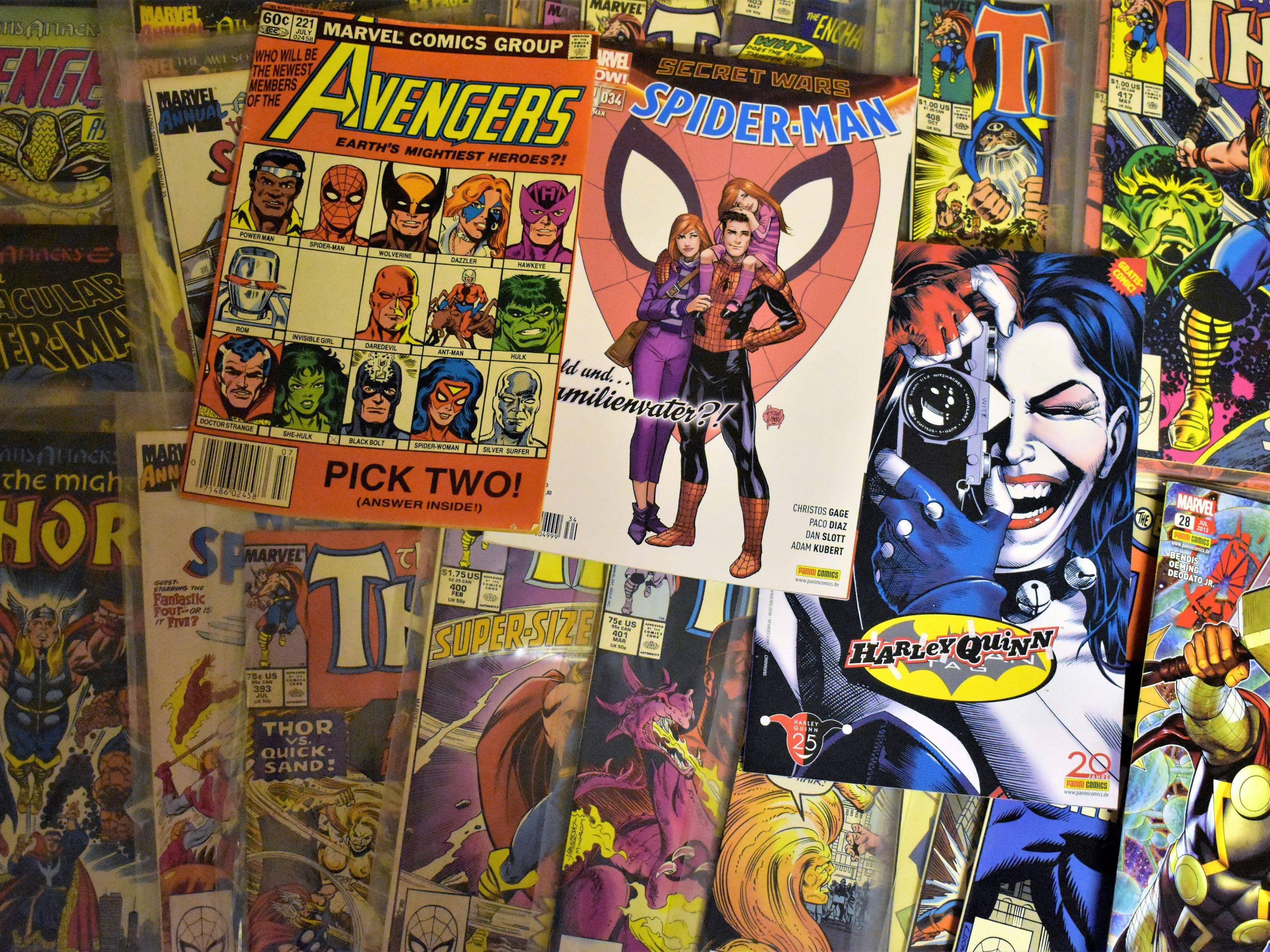 Colorful comics in a pile